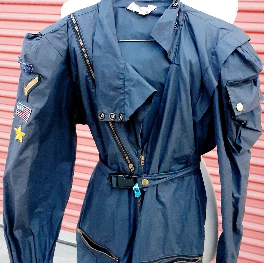Vintage Gray Military Romper Flight Jumpsuit S 6 UTILTY Overall USA FLAG Patch